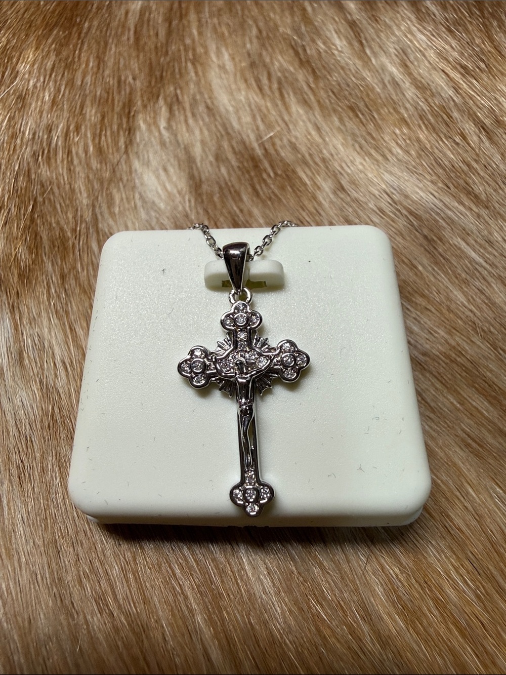 Silver Crystal Floral Cross Pendant Necklace -